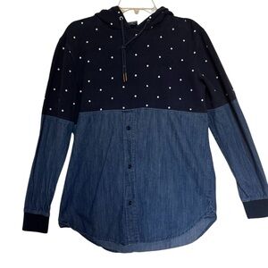 FLY SUPPLY Polka Dot and Denim Button-Up Shirt unique hybrid style